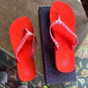 Tory Burch Miranda flip flop in orange and pink. Gently used a few times. Size 9